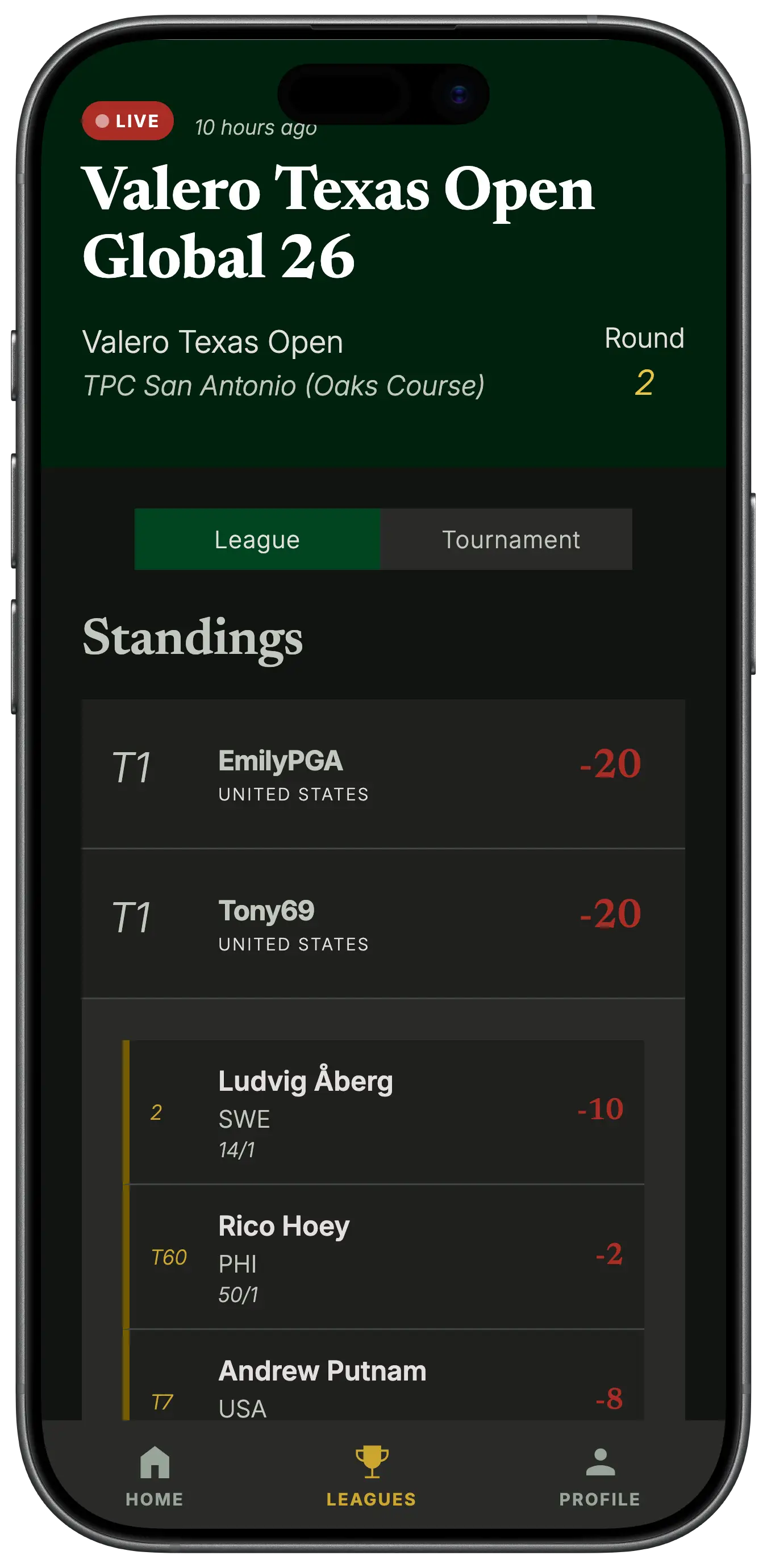 Screenshot of app leaderboard in dark mode