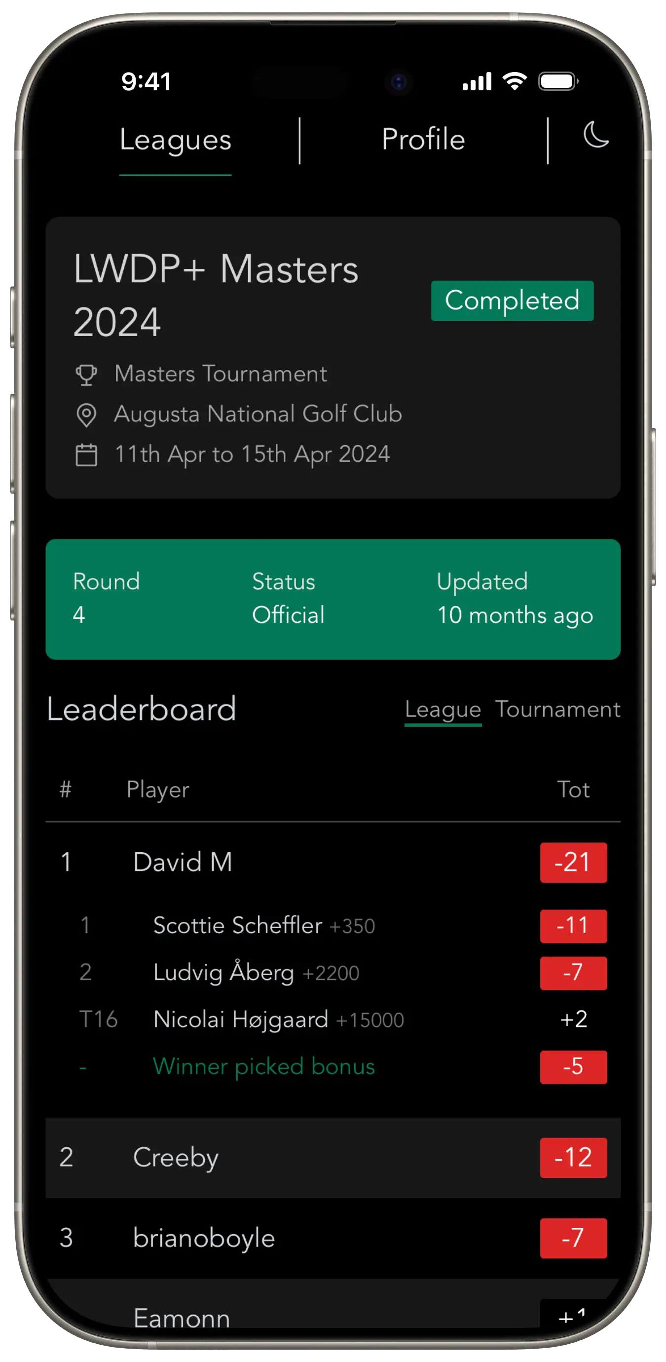 Screenshot of app leaderboard in dark mode